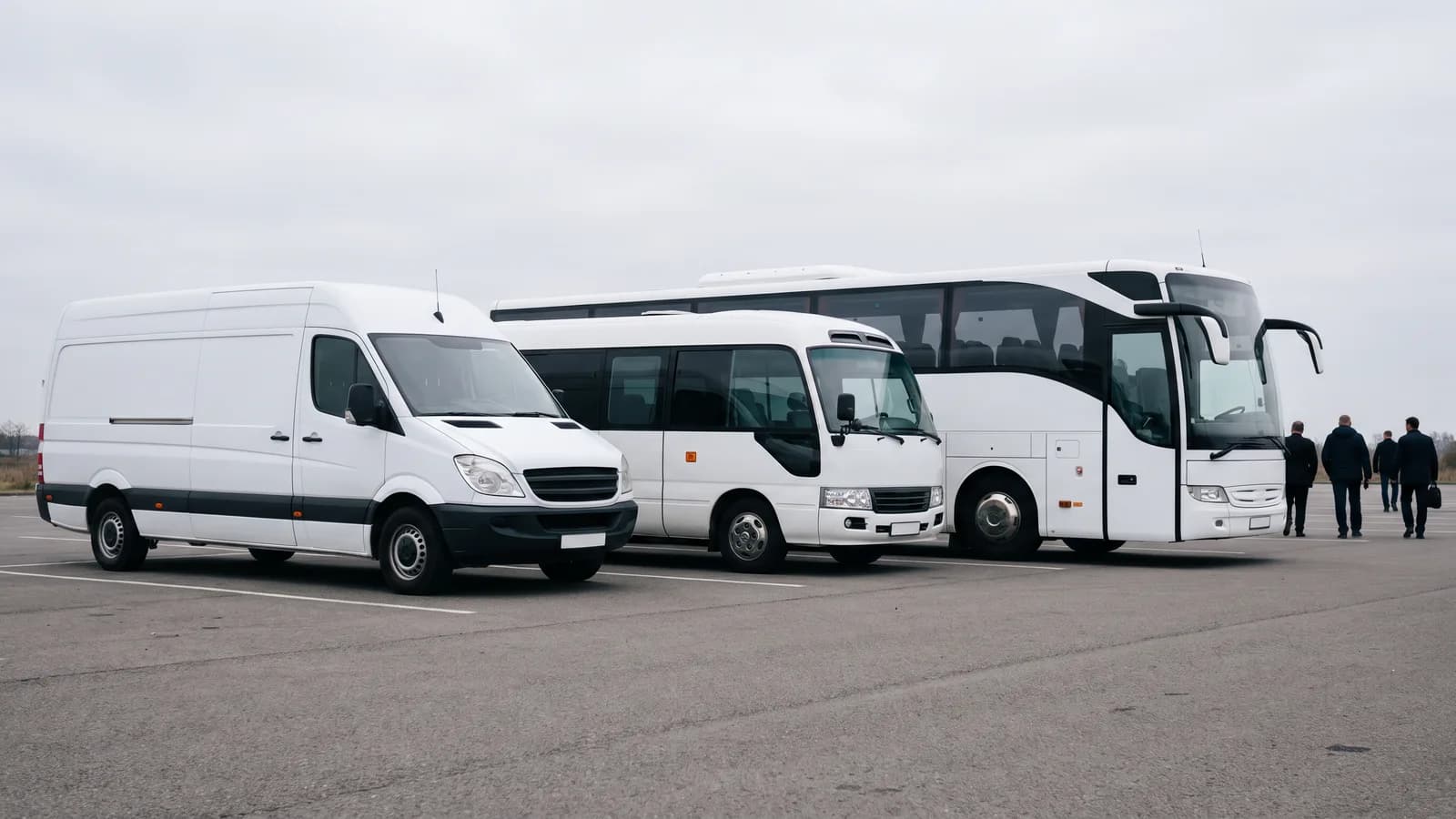 A Sprinter, a mini bus and a coach bus parked side by side, showing the three sizes