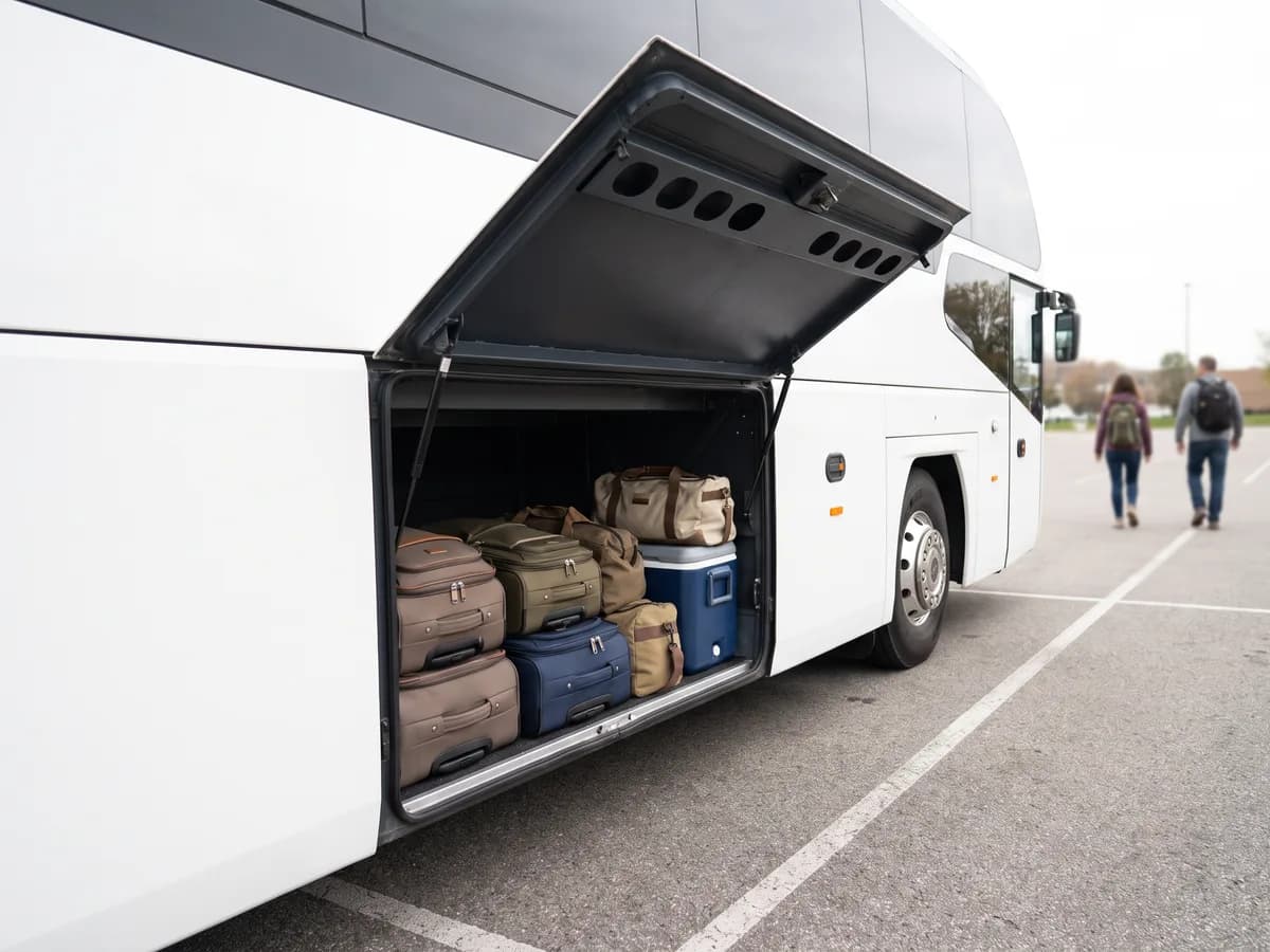Suitcases, duffel bags and a cooler packed into the open under-floor luggage bay of a coach bus