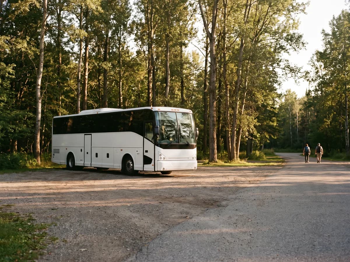A white coach bus parked at a quiet rest area among tall trees in late-afternoon light