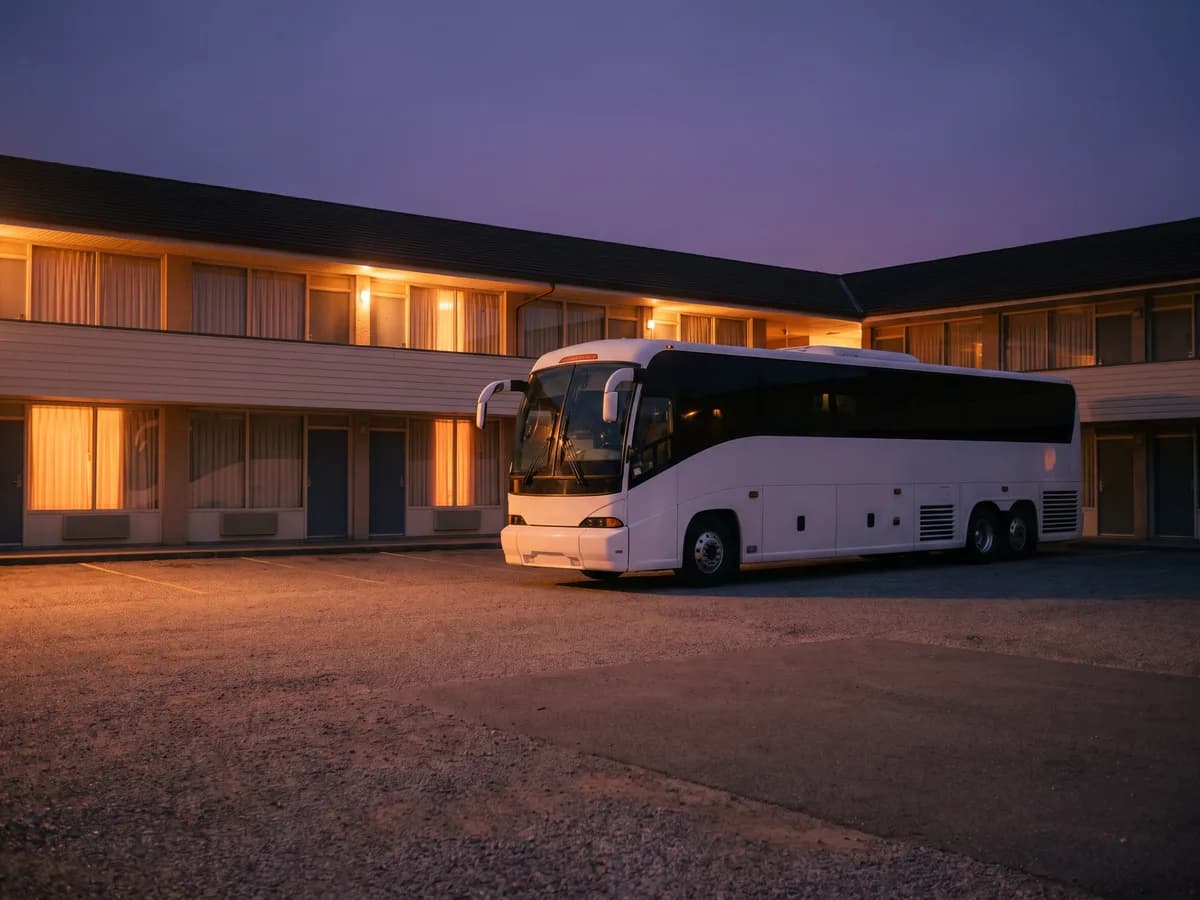A white coach bus parked outside a two-story roadside motel at dusk