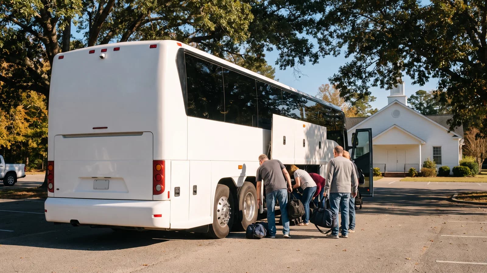 Adults loading bags into the luggage bay of a white coach bus in a church parking lot under oak trees