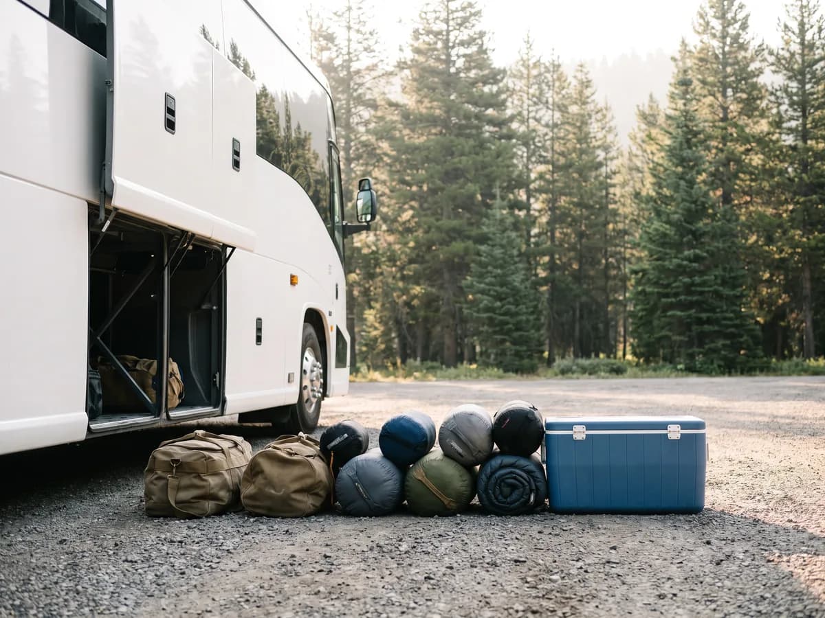 Duffel bags, sleeping bags and a cooler lined up beside a coach bus's open luggage bay near pine trees
