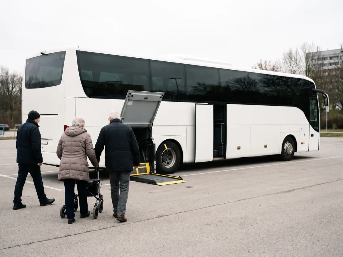 An older adult with a walker and two companions walking to the lowered wheelchair lift of a coach bus