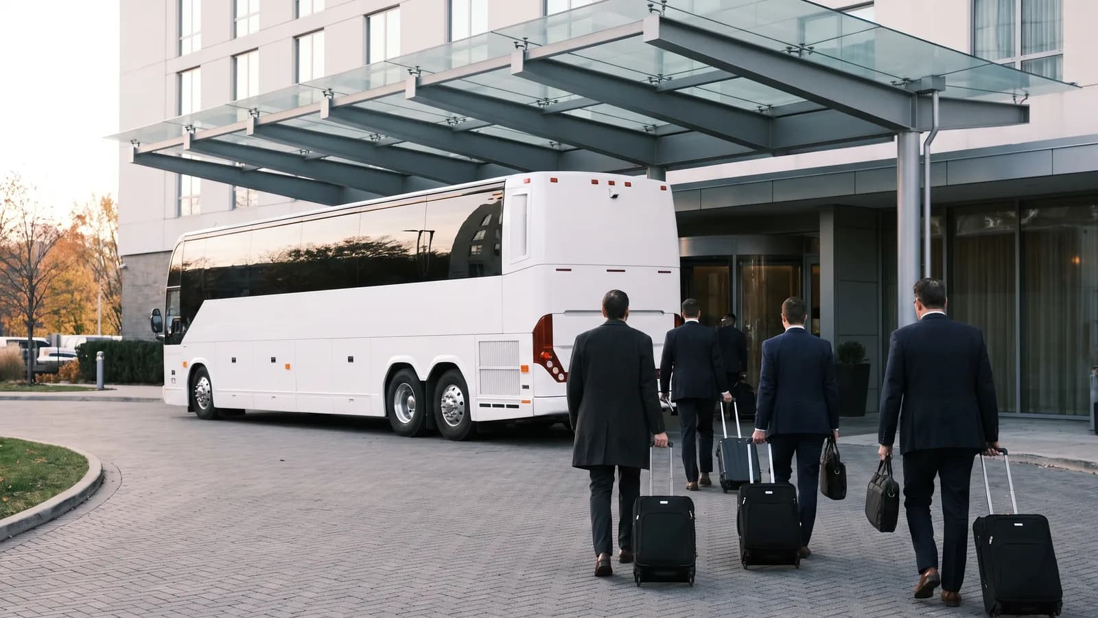 Travelers in business clothes pulling rolling suitcases toward a coach bus at a hotel entrance