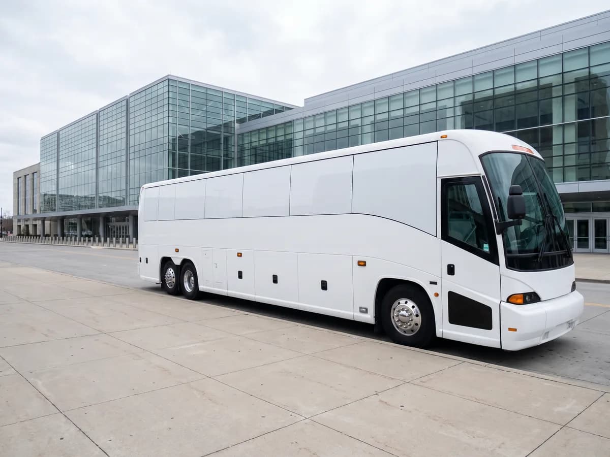 A white coach bus parked at the curb of a large glass-fronted convention center