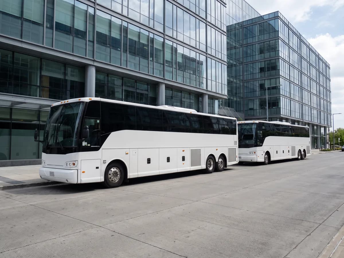 Two white coach buses parked one behind the other outside a modern glass office building