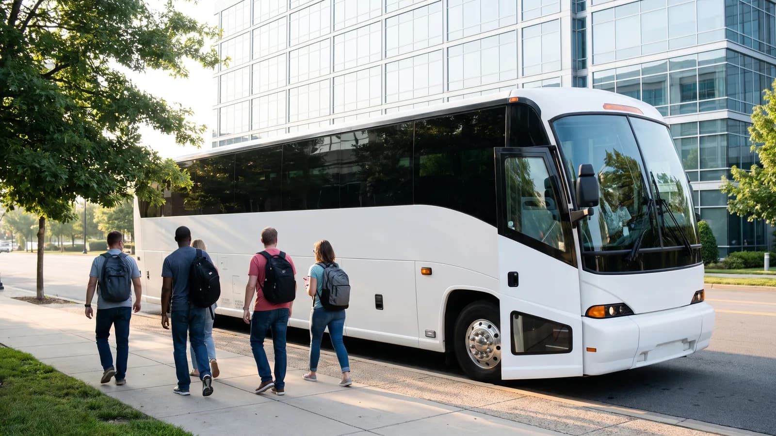 A white coach bus parked outside a glass office building as a small group walks toward its open door