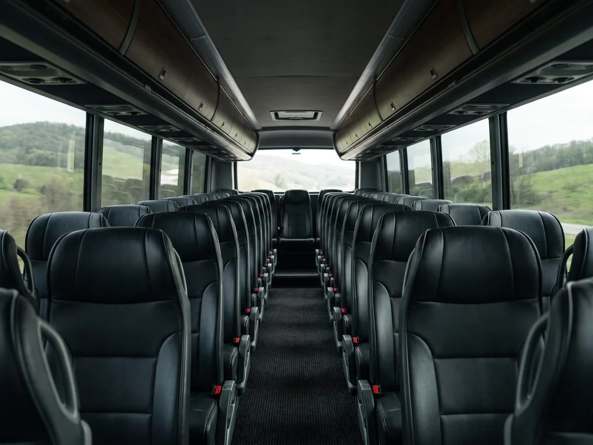 Rows of empty black leather seats inside a coach bus, with green hills outside the windows