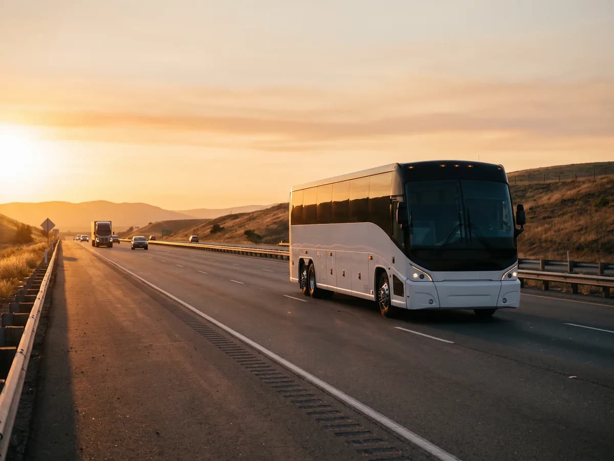 A white coach bus on an interstate highway at sunset