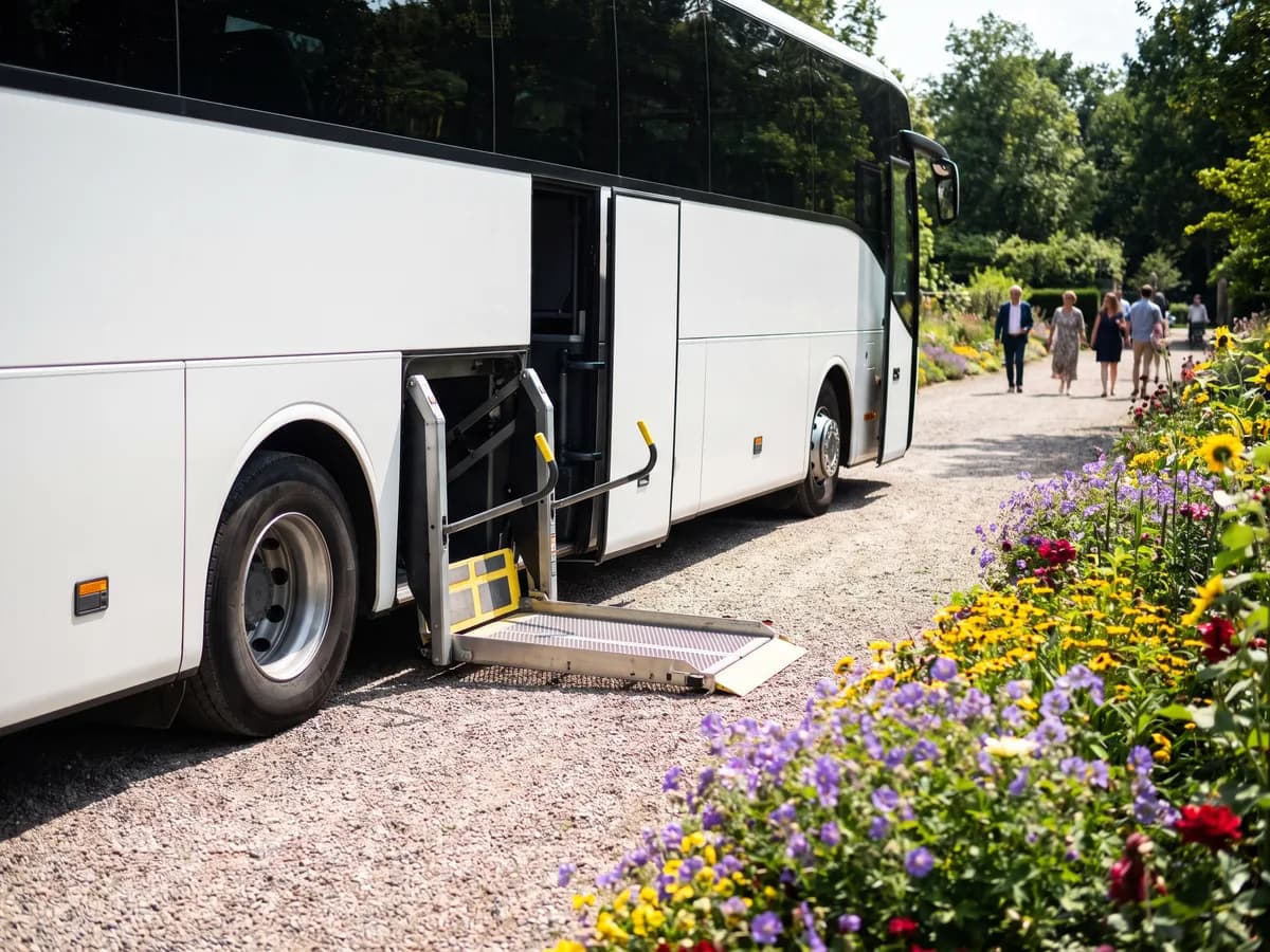 A coach bus's wheelchair lift lowered beside a flower-lined path at a wedding venue